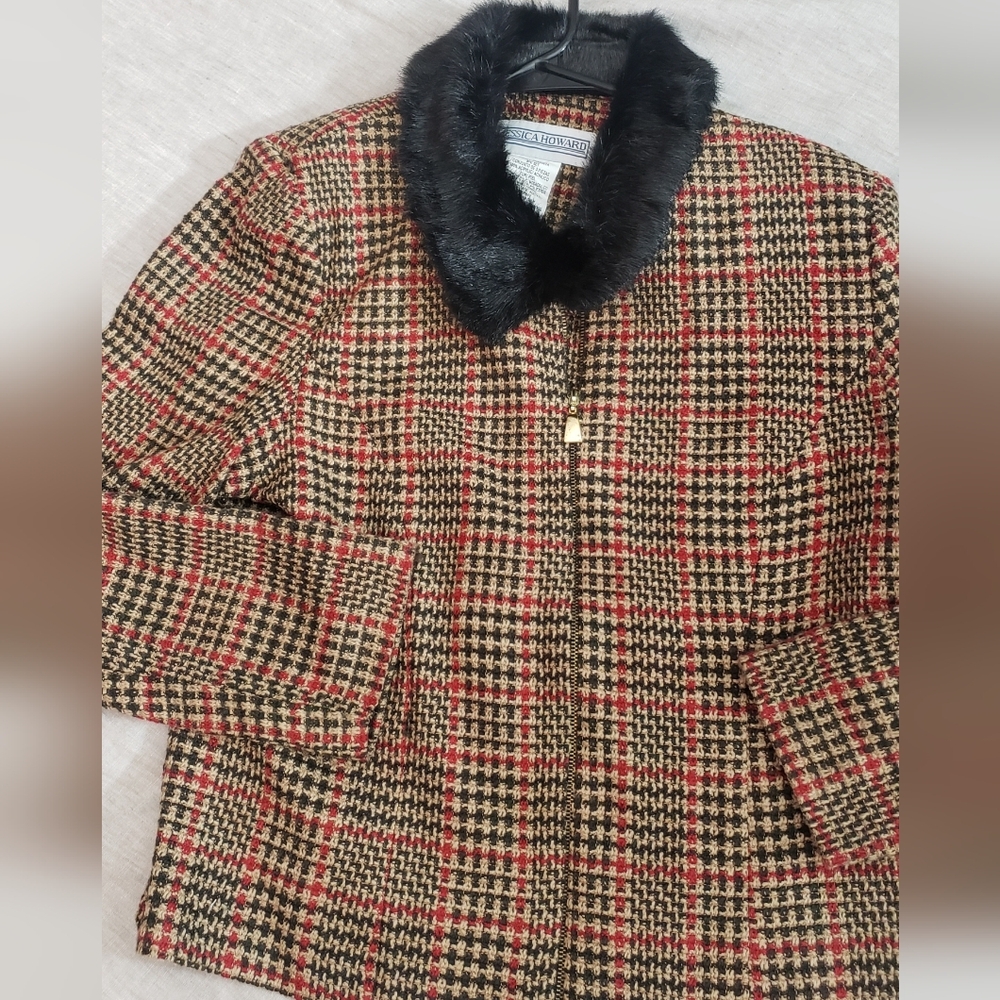 Jessica Howard Houndstooth Zip Up Tweed Blazer Faux Fur Collar Vintage Size 10